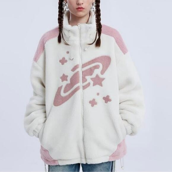 Aelfric Eden Womens Pink Star Cream Fleece Sherpa Jacket Zip Up Winter Jacket - Picture 1 of 5